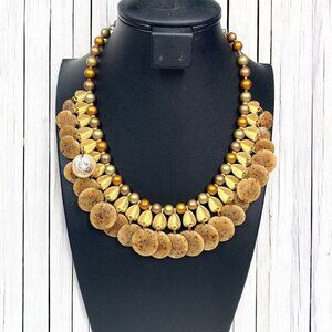 Faux Pearl & Shell Statement Bib Estate Necklace Gold Rust Orange Cream 17"L